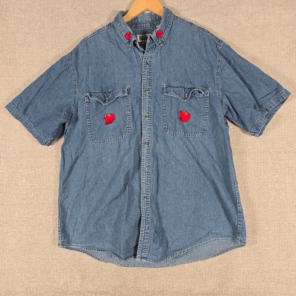 Vintage Basic Editions Denim Shirt Mens Large Blue Apple Embroidery Short Sleeve